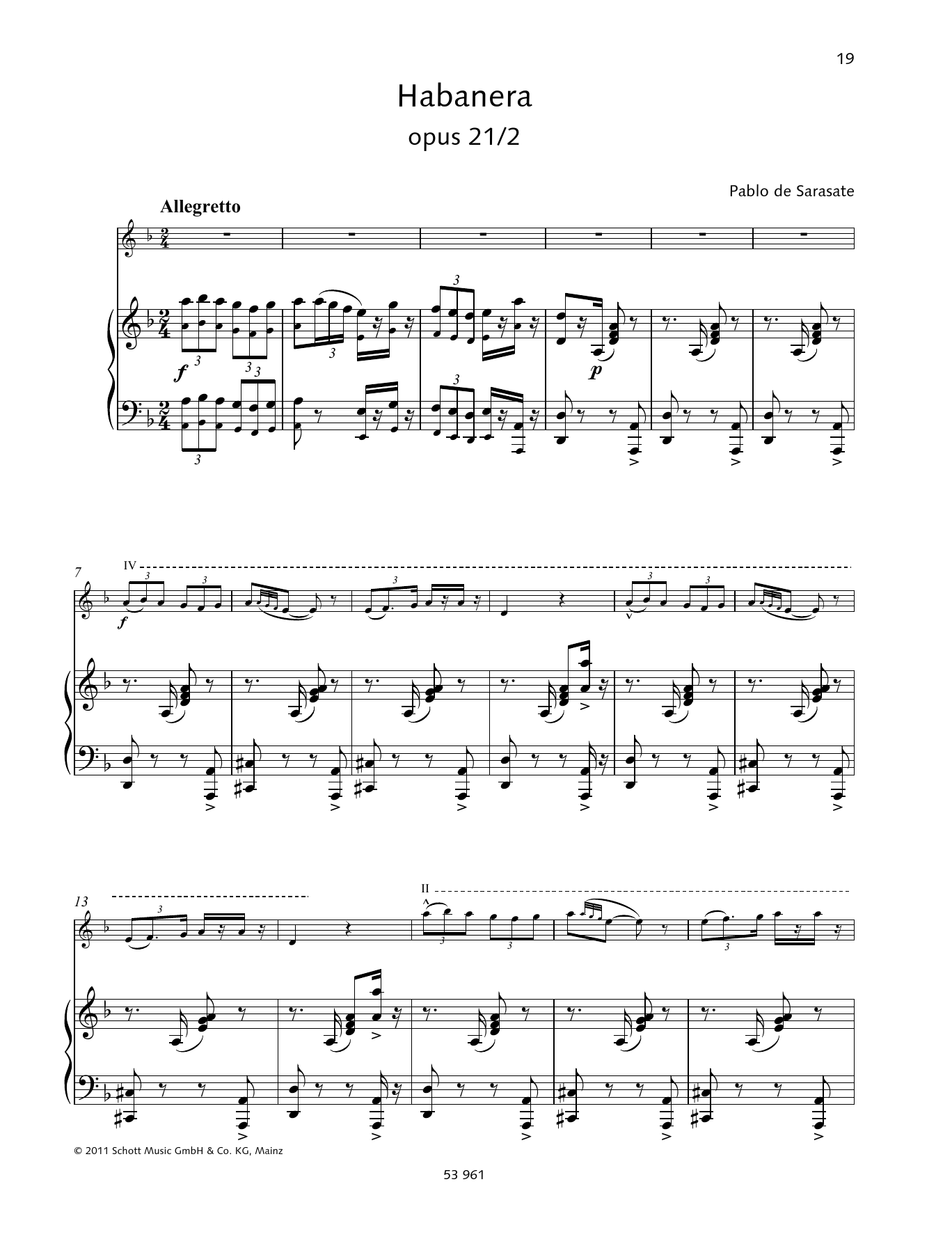 Pablo De Sarasate Habañera sheet music notes and chords arranged for String Solo