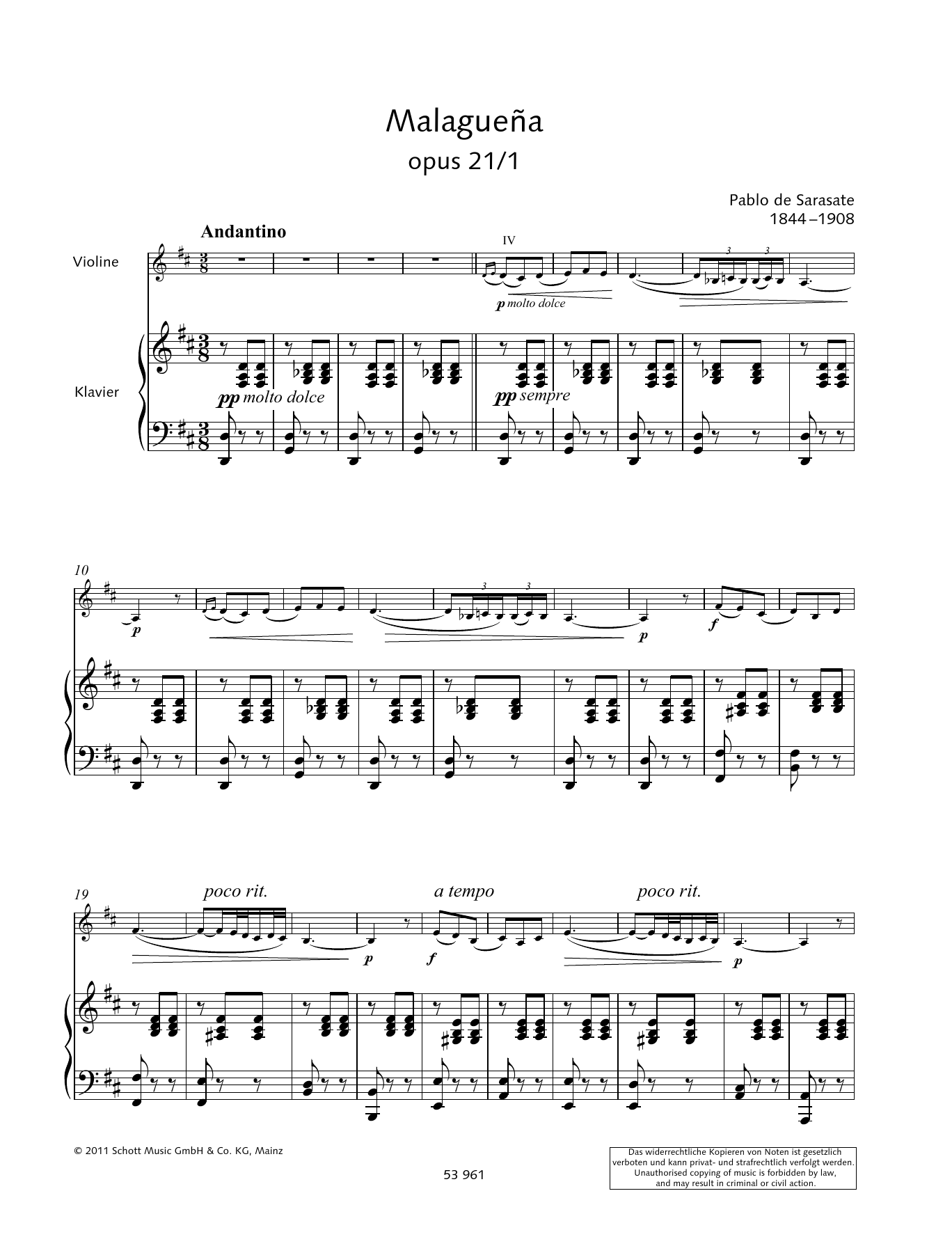 Pablo De Sarasate Malaguena sheet music notes and chords arranged for String Solo