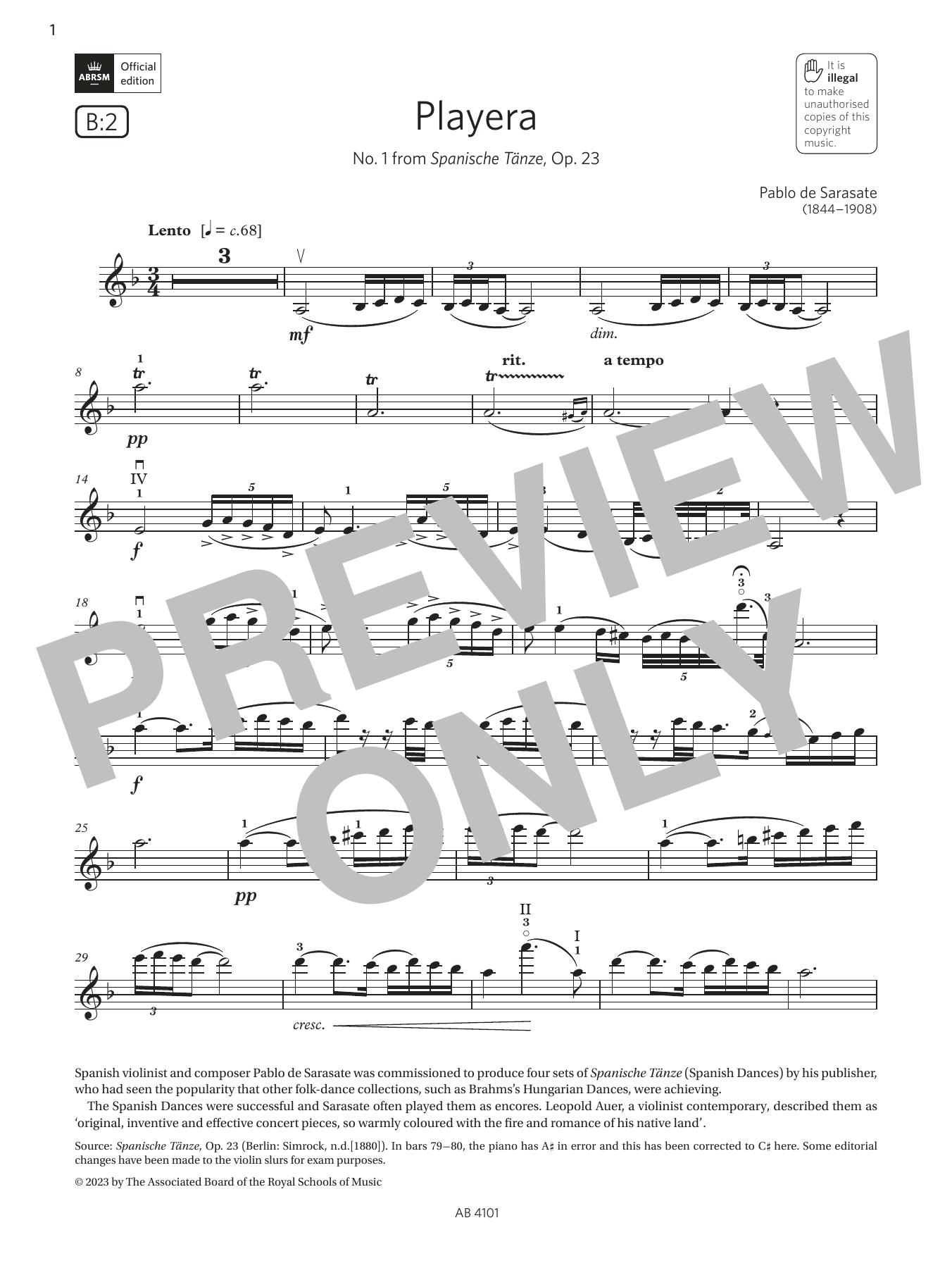 Pablo De Sarasate Playera (Grade 7, B2, from the ABRSM Violin Syllabus from 2024) sheet music notes and chords arranged for Violin Solo