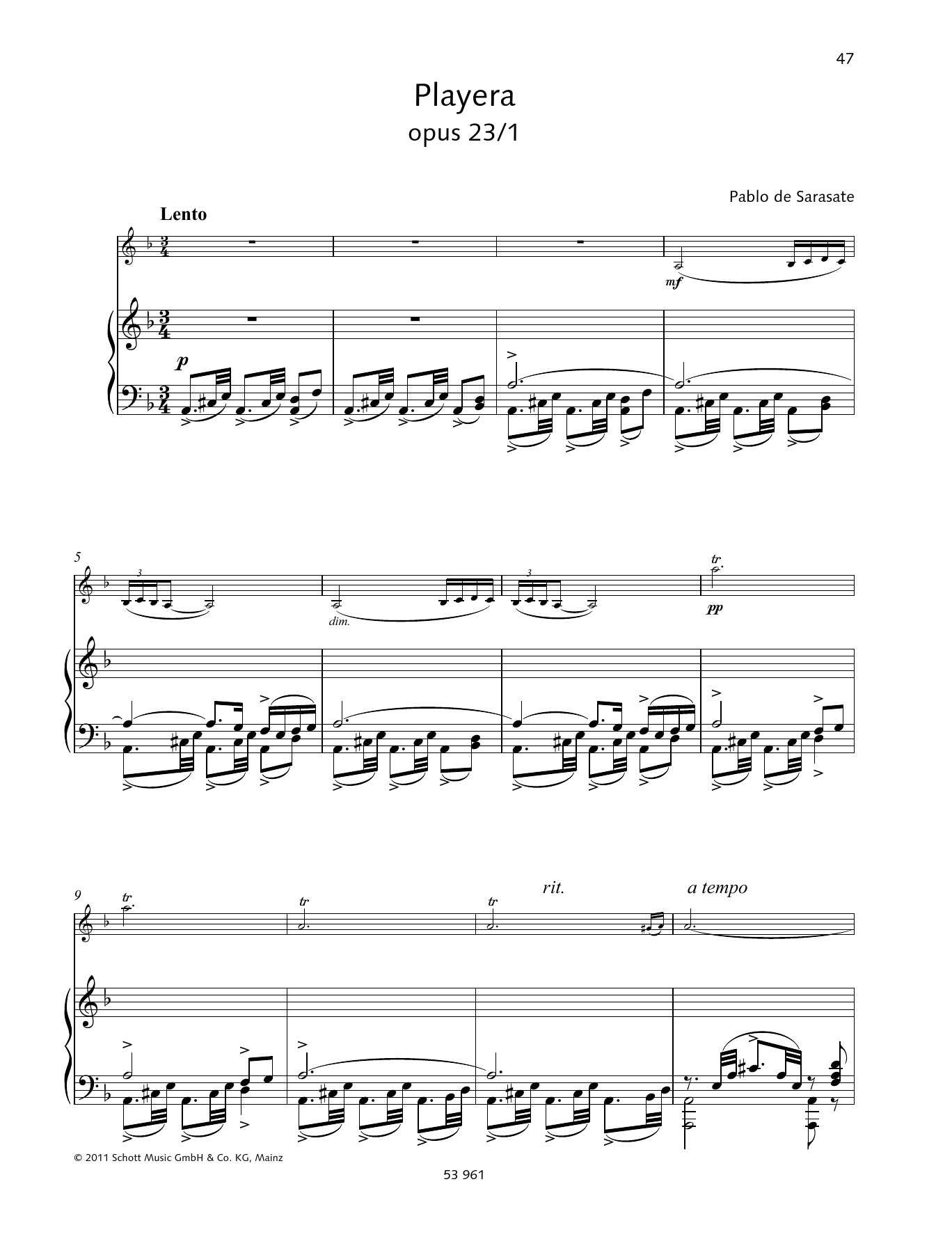 Pablo De Sarasate Playera sheet music notes and chords arranged for String Solo