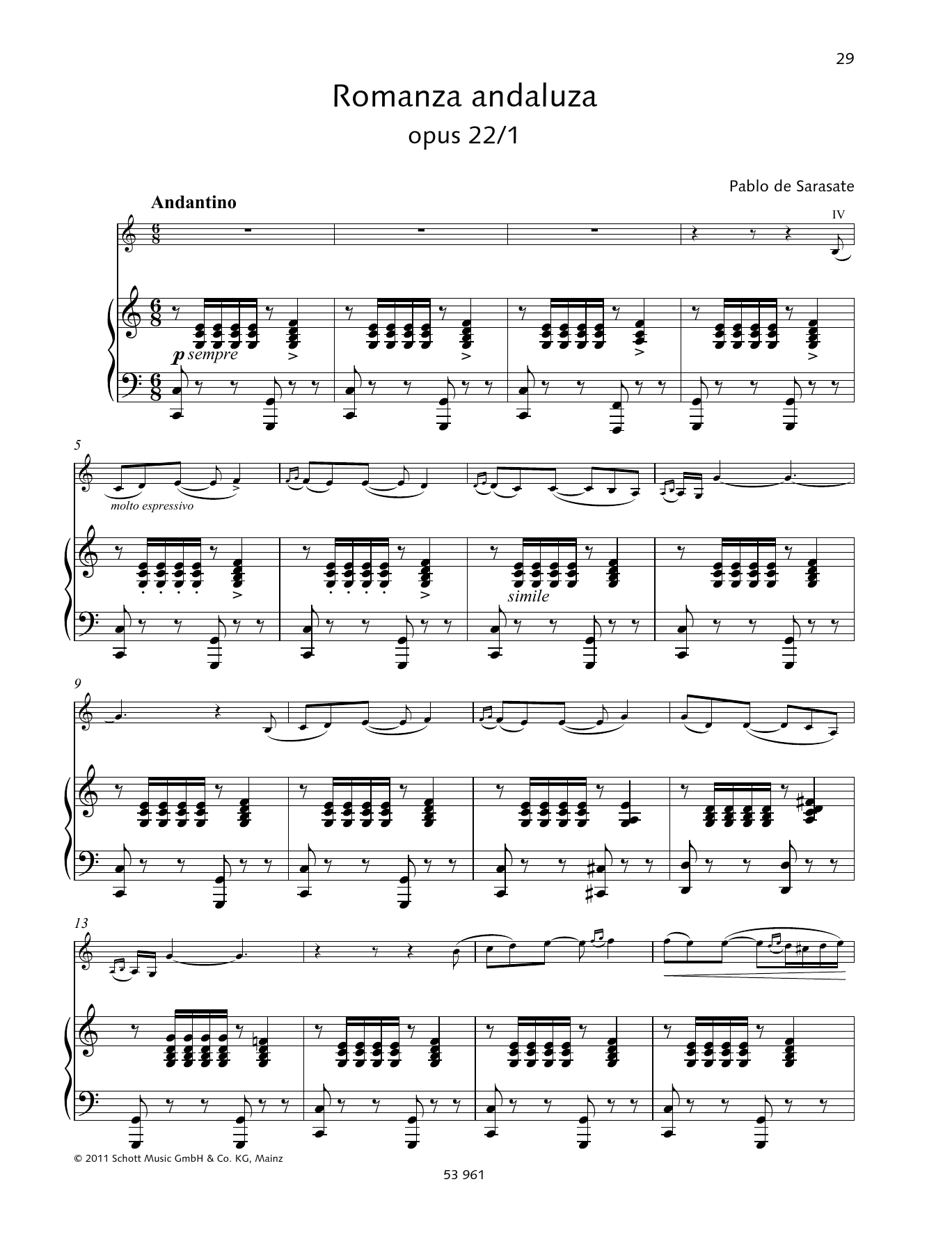 Pablo De Sarasate Romanza andaluza sheet music notes and chords arranged for String Solo