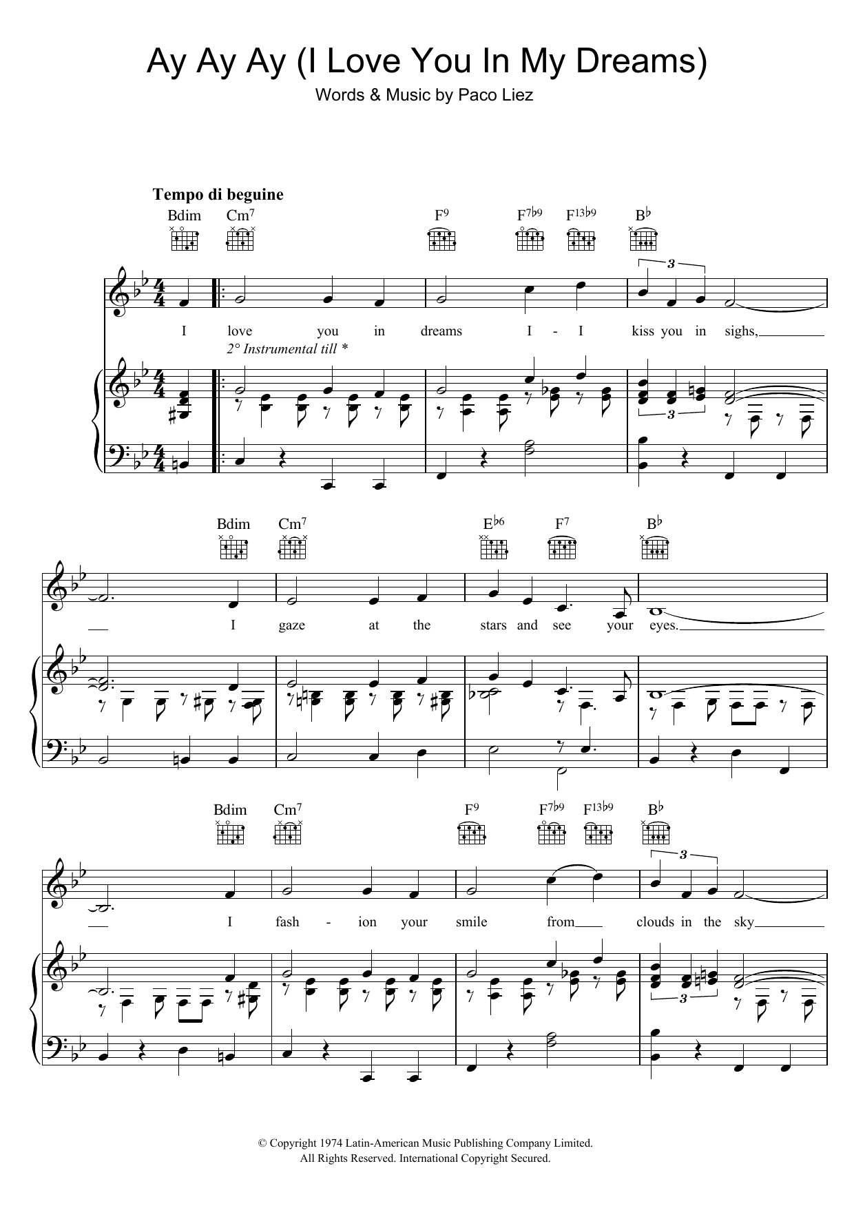 Paco Liez Ay Ay Ay (I Love You In My Dreams) sheet music notes and chords arranged for Piano, Vocal & Guitar Chords