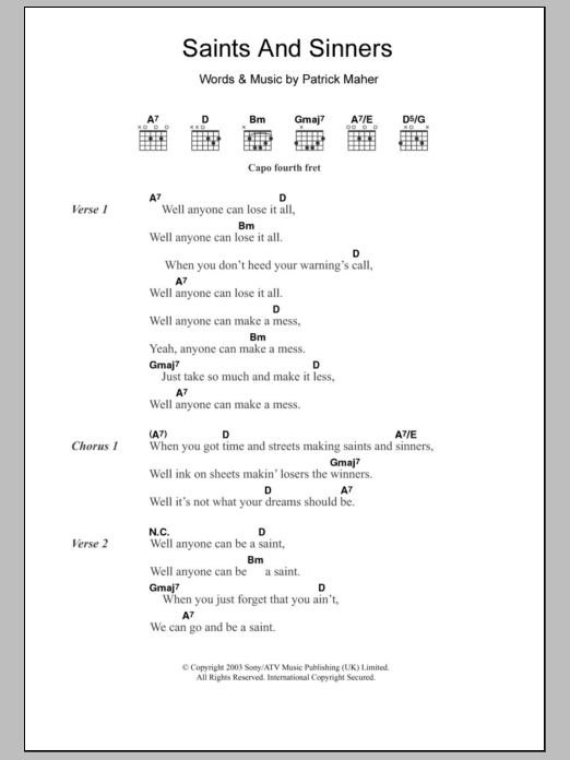 Paddy Casey Saints And Sinners sheet music notes and chords arranged for Guitar Chords/Lyrics