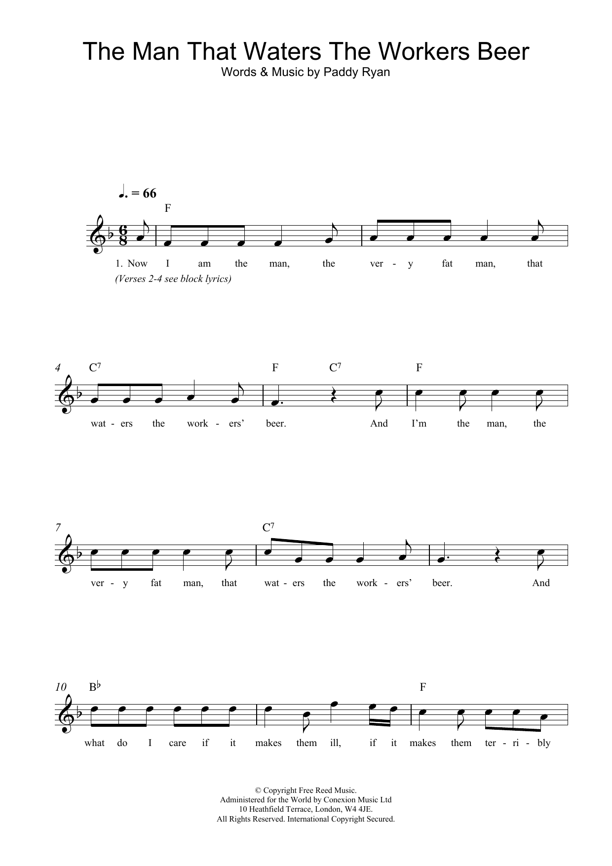 Paddy Ryan The Man That Waters The Workers Beer sheet music notes and chords arranged for Lead Sheet / Fake Book