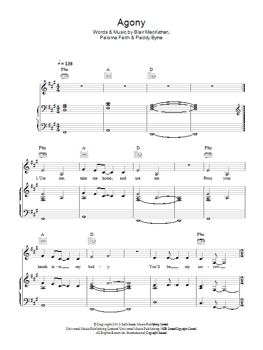 Paloma Faith Agony sheet music notes and chords arranged for Piano, Vocal & Guitar Chords