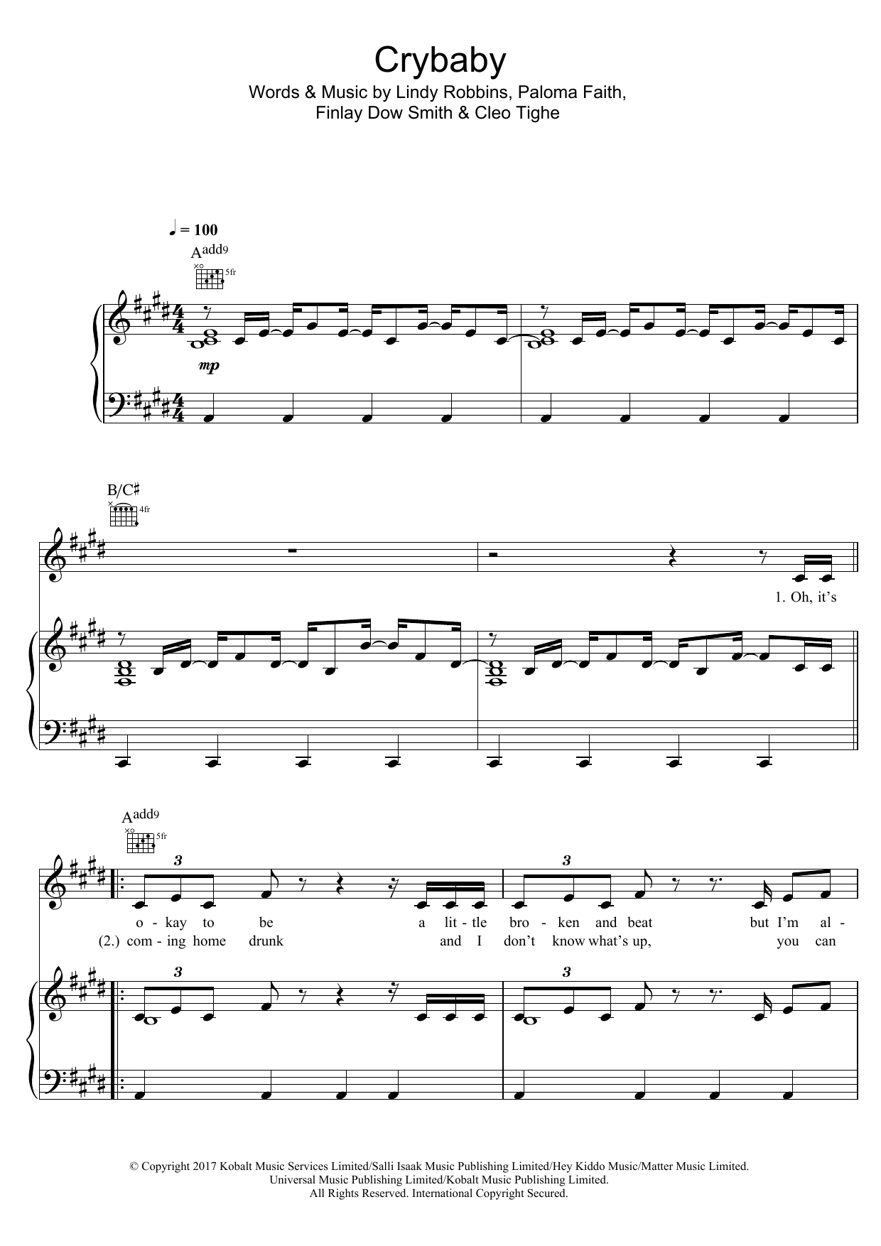 Paloma Faith Crybaby sheet music notes and chords arranged for Piano, Vocal & Guitar Chords