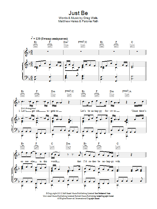Paloma Faith Just Be sheet music notes and chords arranged for Piano, Vocal & Guitar Chords