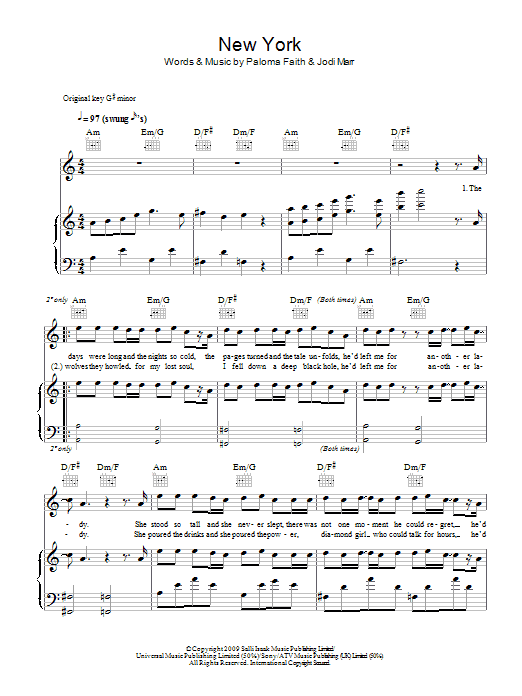 Paloma Faith New York sheet music notes and chords arranged for Piano, Vocal & Guitar Chords