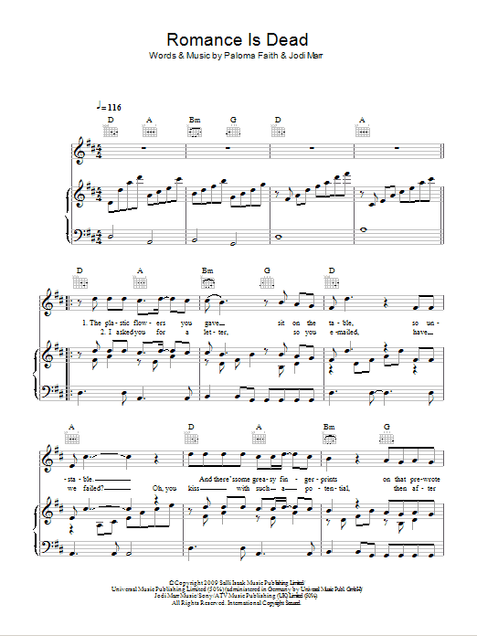 Paloma Faith Romance Is Dead sheet music notes and chords arranged for Piano, Vocal & Guitar Chords