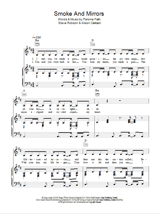 Paloma Faith Smoke And Mirrors sheet music notes and chords arranged for Piano, Vocal & Guitar Chords