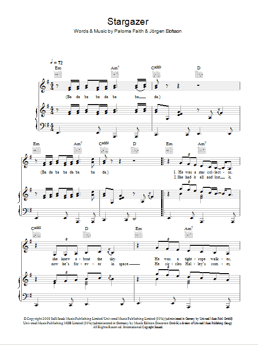 Paloma Faith Stargazer sheet music notes and chords arranged for Piano, Vocal & Guitar Chords