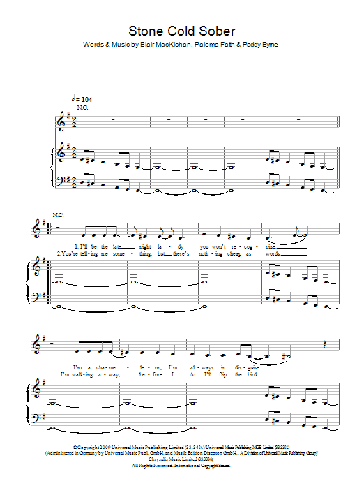 Paloma Faith Stone Cold Sober sheet music notes and chords arranged for Piano, Vocal & Guitar Chords
