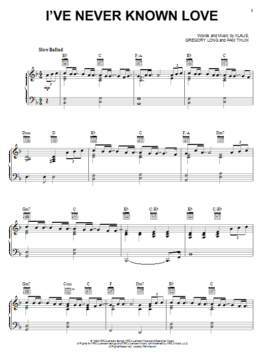 Pam Thum I've Never Known Love sheet music notes and chords arranged for Piano, Vocal & Guitar Chords (Right-Hand Melody)