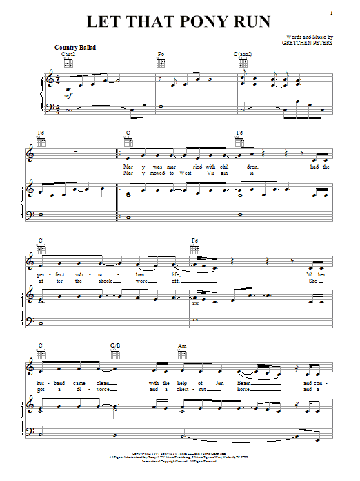 Pam Tillis Let That Pony Run sheet music notes and chords arranged for Piano, Vocal & Guitar Chords (Right-Hand Melody)
