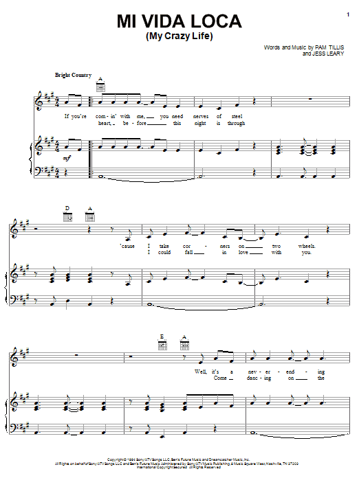 Pam Tillis Mi Vida Loca (My Crazy Life) sheet music notes and chords arranged for Piano, Vocal & Guitar Chords (Right-Hand Melody)