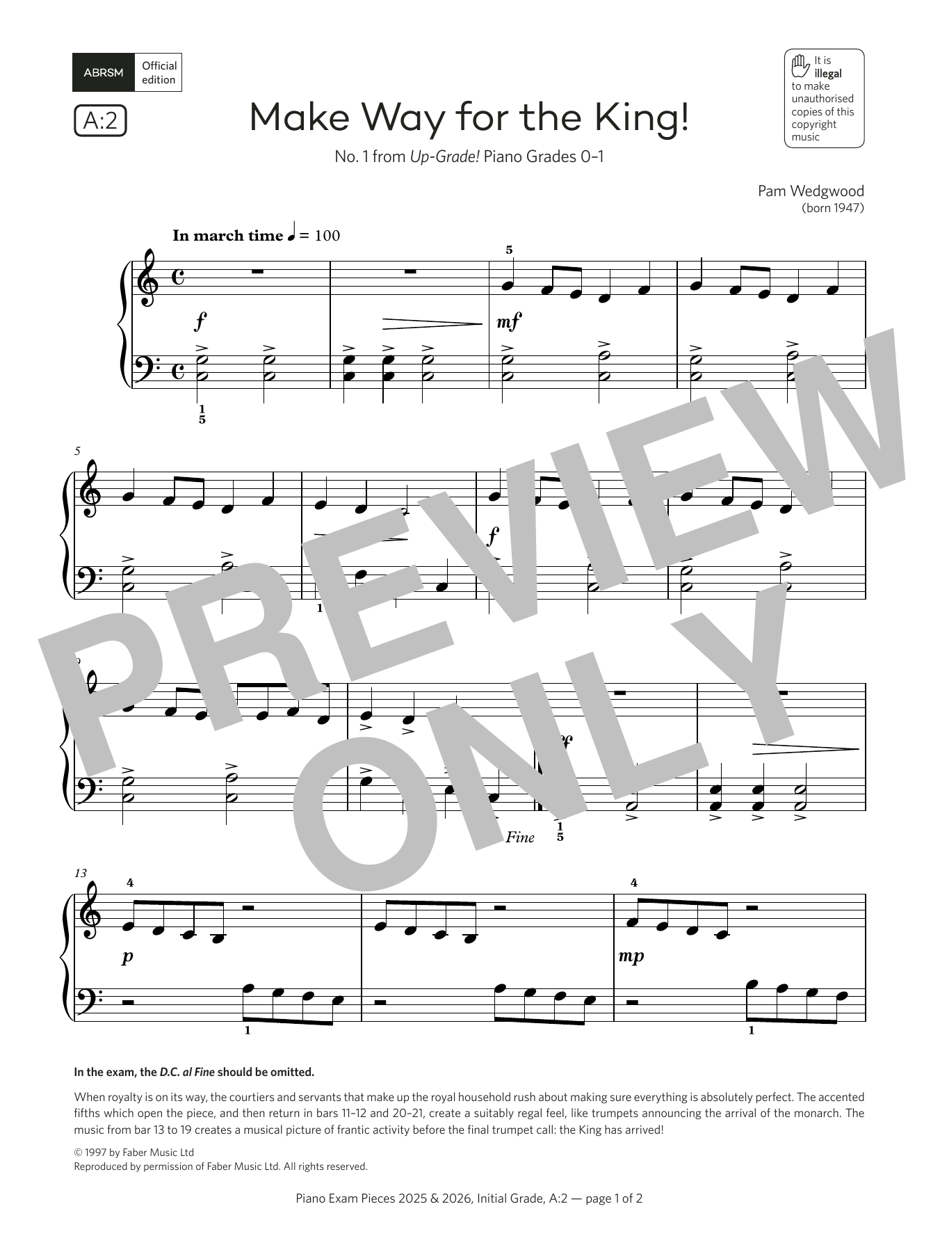 Pam Wedgwood Make Way for the King! (Grade Initial, list A2, from the ABRSM Piano Syllabus 2025 & 2026) sheet music notes and chords arranged for Piano Solo