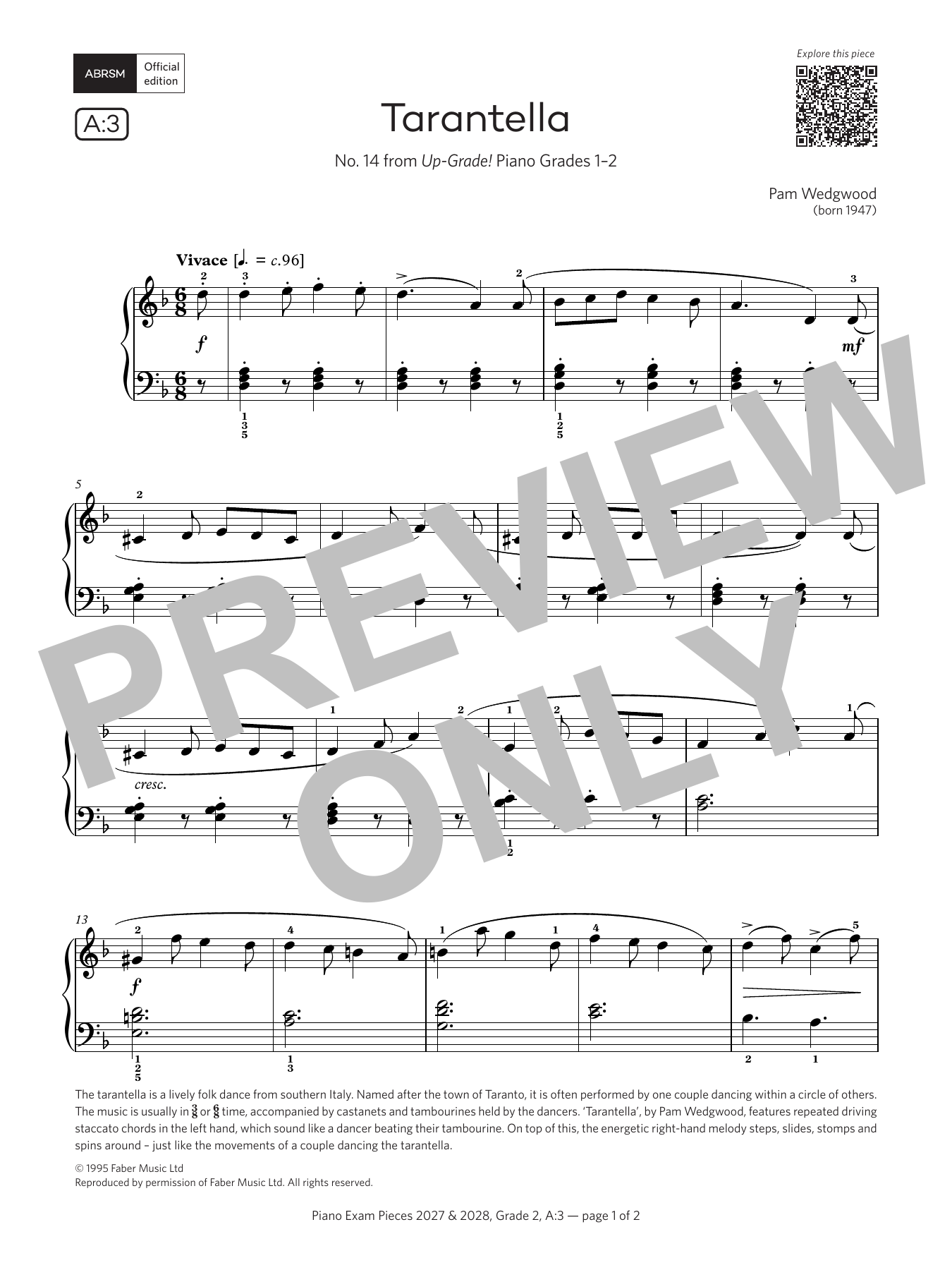 Pam Wedgwood Tarantella (Grade 2, list A3, from the ABRSM Piano Syllabus 2027 & 2028) sheet music notes and chords arranged for Piano Solo