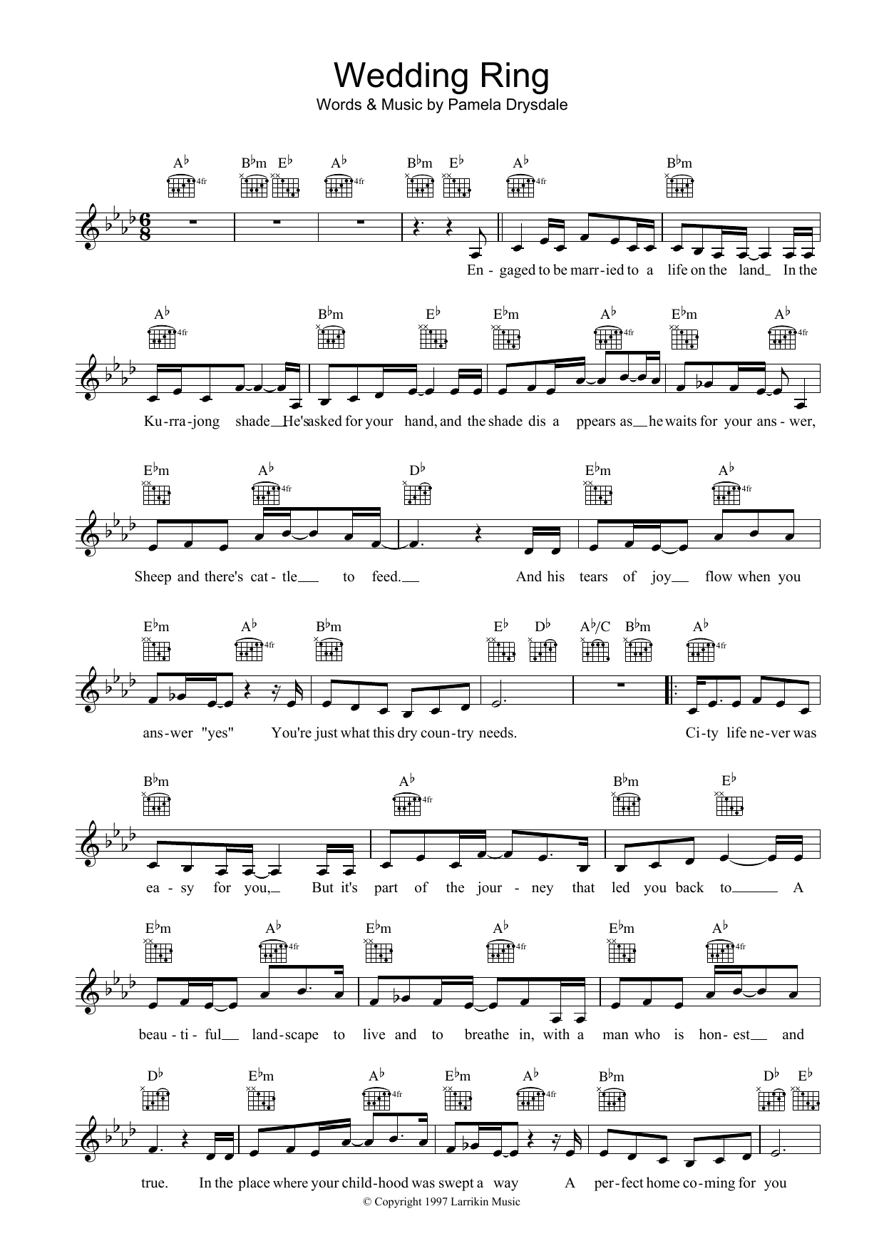 Pamela Drysdale Wedding Ring sheet music notes and chords arranged for Lead Sheet / Fake Book