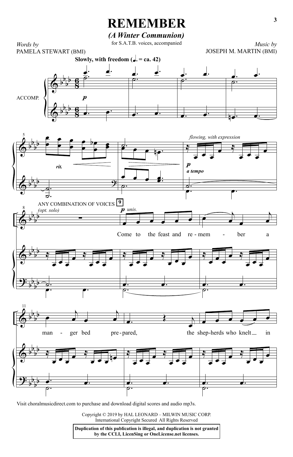 Pamela Stewart & Joseph Martin Remember (A Winter Communion) sheet music notes and chords arranged for SATB Choir