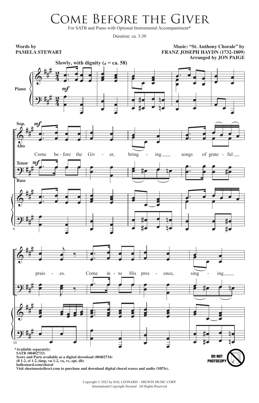 Pamela Stewart Come Before The Giver (arr. Jon Paige) sheet music notes and chords arranged for SATB Choir