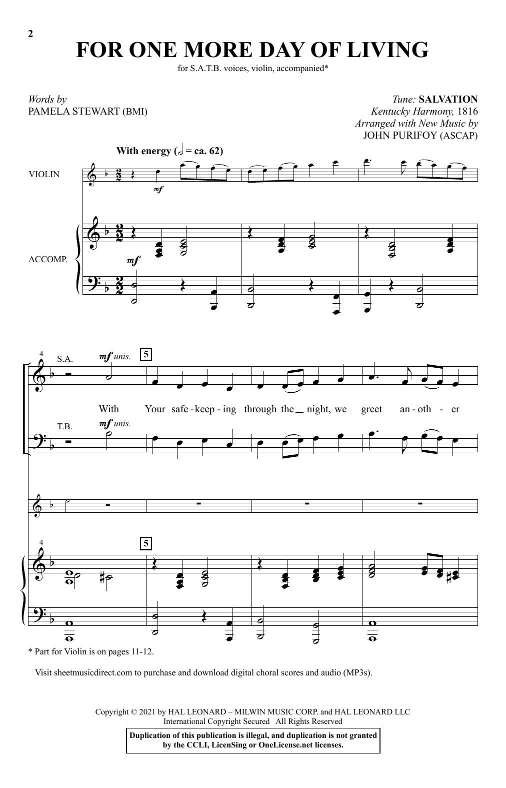 Pamela Stewart For One More Day Of Living (arr. John Purifoy) sheet music notes and chords arranged for SATB Choir
