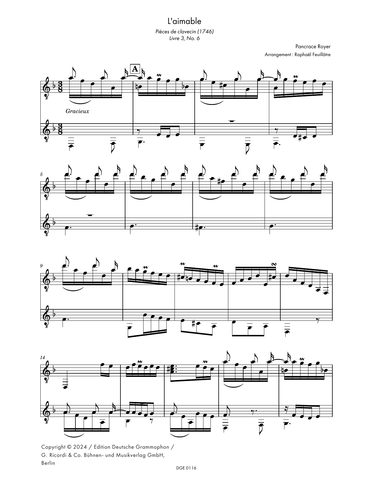 Pancrace Royer L'aimable (arr. Raphael Feuillatre) sheet music notes and chords arranged for Guitar Ensemble
