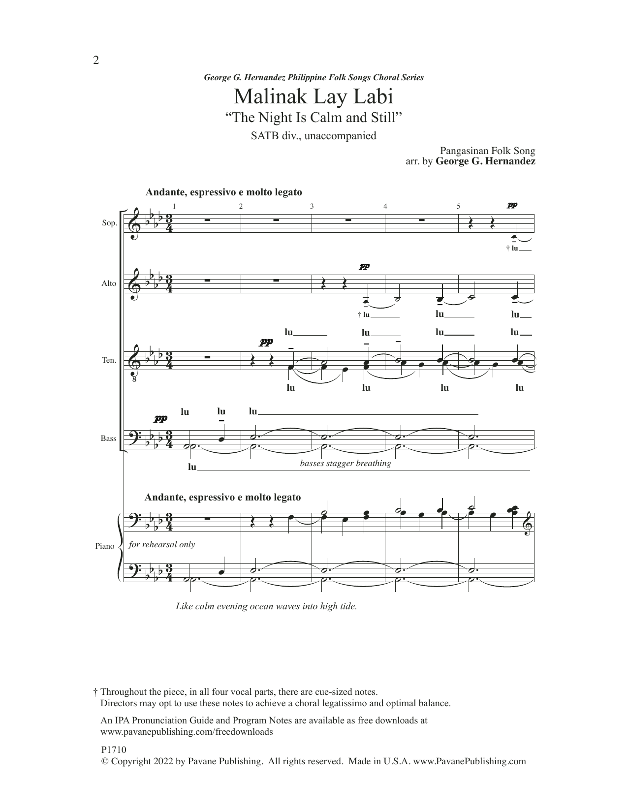 Pangasinan Folk Song Malinak Lay Labi (The Night Is Calm And Still) (arr. George G. Hernandez) sheet music notes and chords arranged for Choir