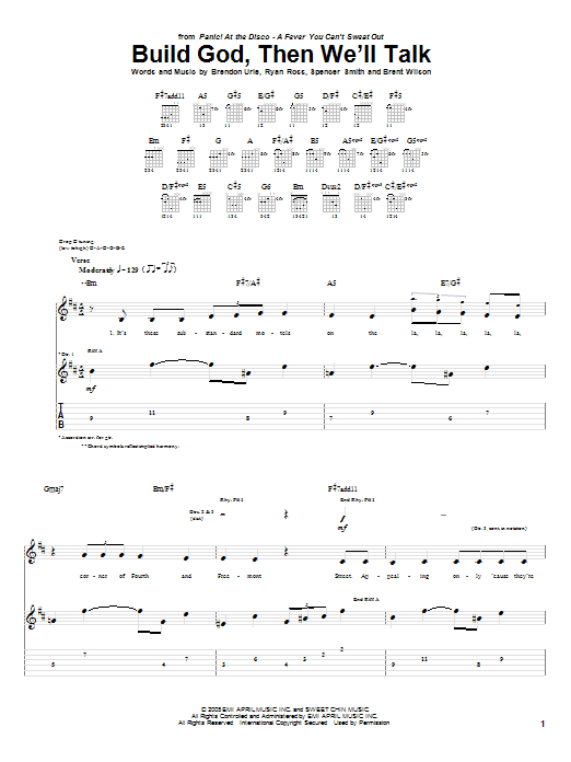 Panic! At The Disco Build God, Then We'll Talk sheet music notes and chords arranged for Guitar Tab