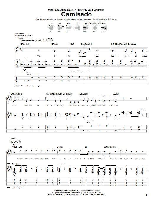 Panic! At The Disco Camisado sheet music notes and chords arranged for Guitar Tab