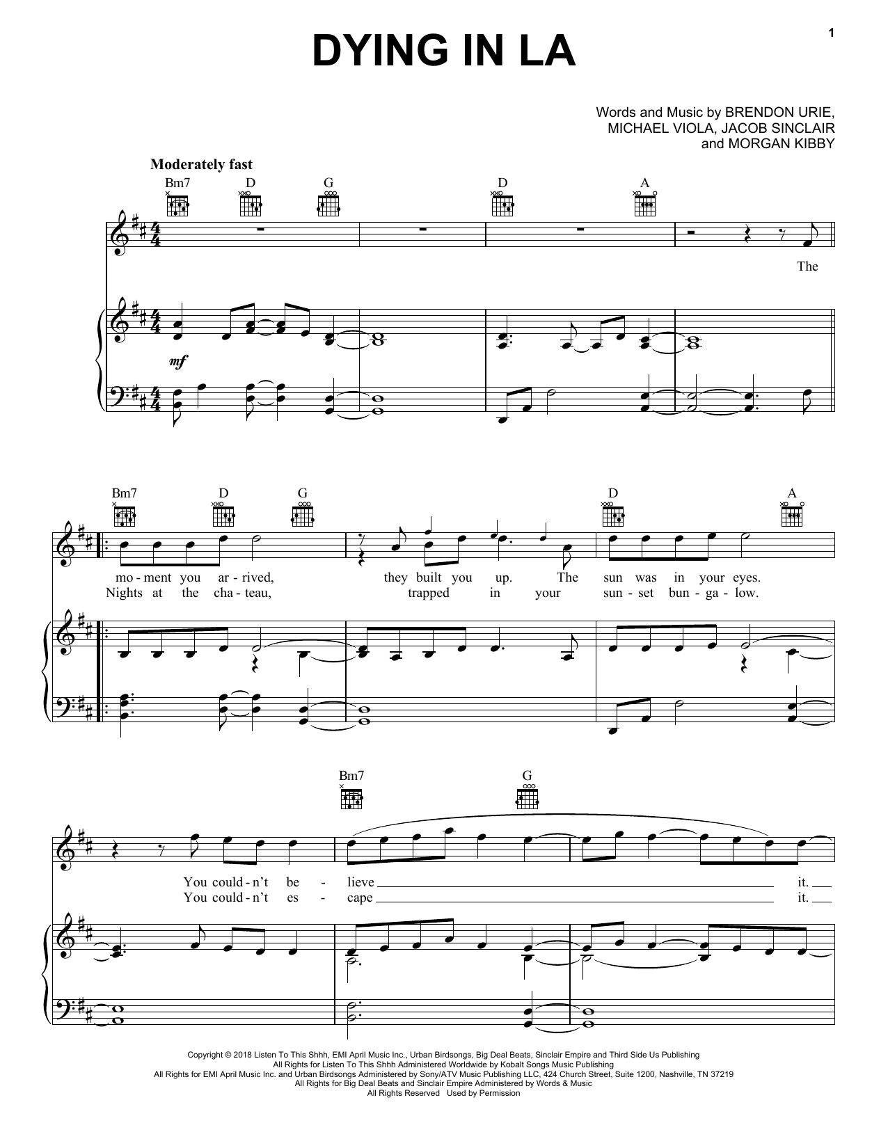 Panic! At The Disco Dying In LA sheet music notes and chords arranged for Piano, Vocal & Guitar Chords (Right-Hand Melody)