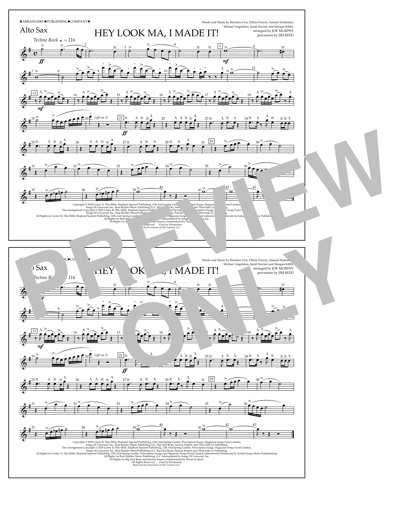 Panic! At The Disco Hey Look Ma, I Made It (arr. Joe Murphy) - Alto Sax sheet music notes and chords arranged for Marching Band