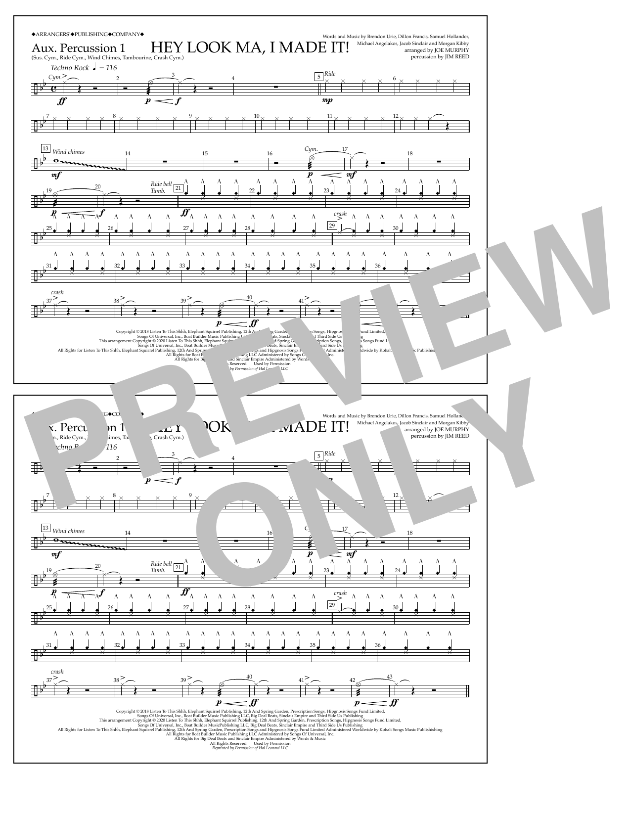 Panic! At The Disco Hey Look Ma, I Made It (arr. Joe Murphy) - Aux. Percussion 1 sheet music notes and chords arranged for Marching Band