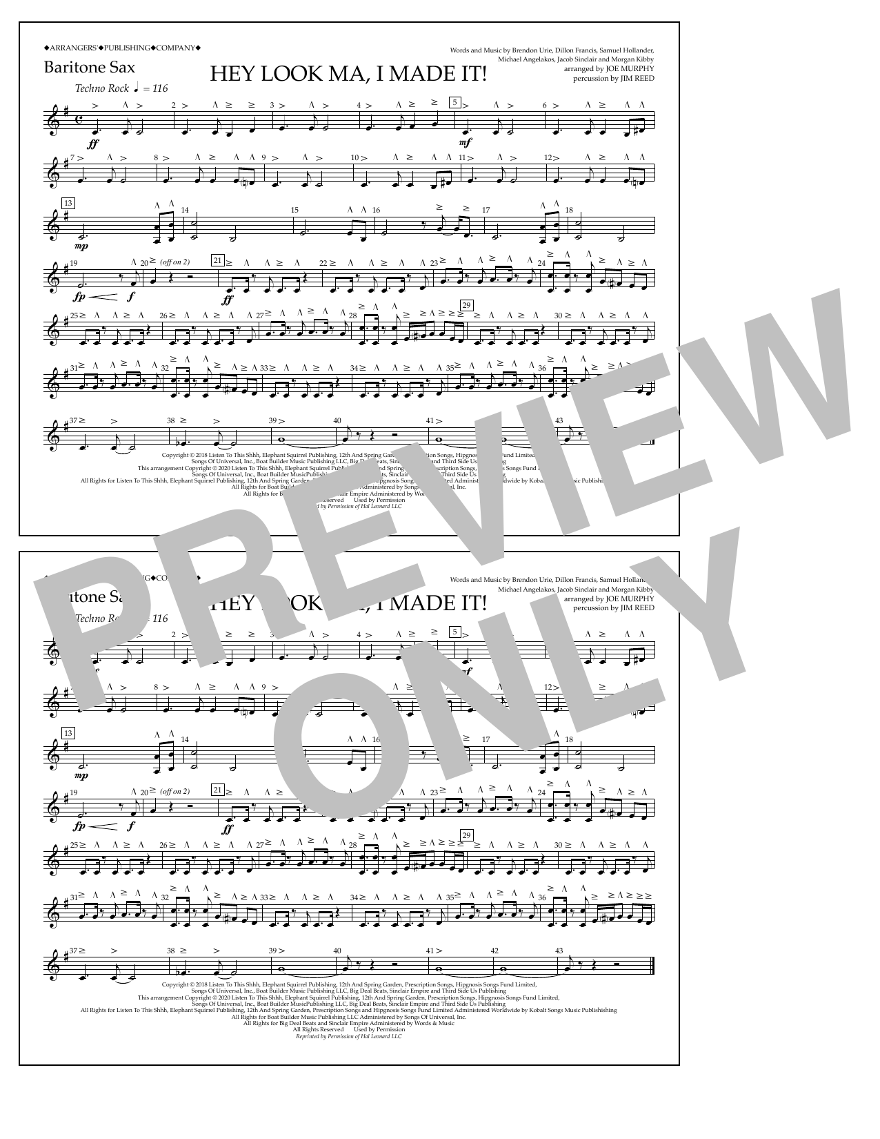Panic! At The Disco Hey Look Ma, I Made It (arr. Joe Murphy) - Bari Sax sheet music notes and chords arranged for Marching Band