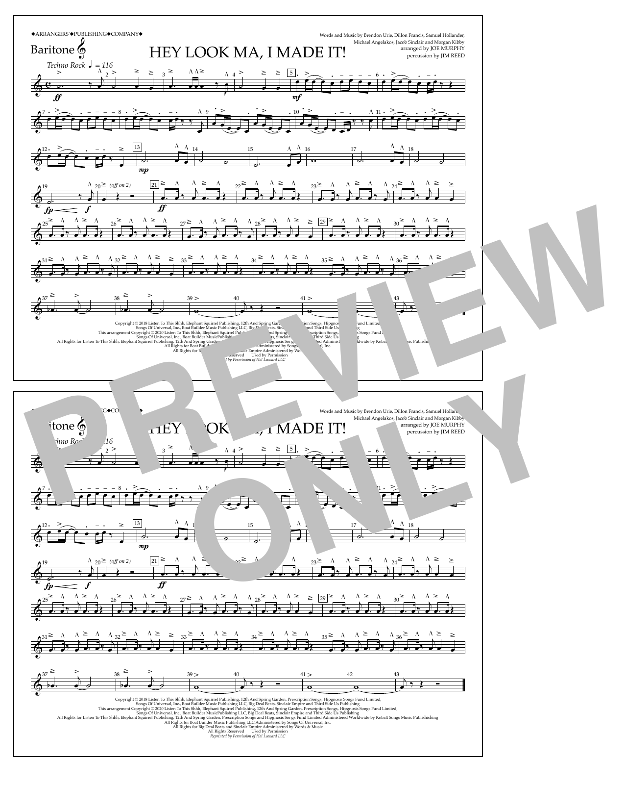 Panic! At The Disco Hey Look Ma, I Made It (arr. Joe Murphy) - Baritone T.C. sheet music notes and chords arranged for Marching Band