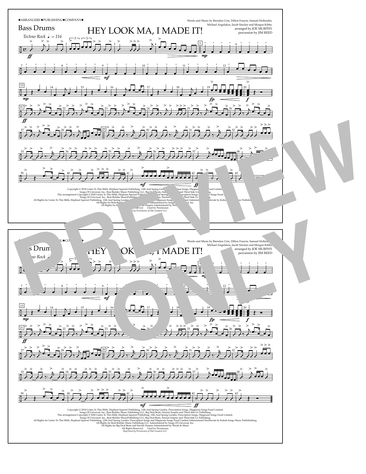 Panic! At The Disco Hey Look Ma, I Made It (arr. Joe Murphy) - Bass Drums sheet music notes and chords arranged for Marching Band