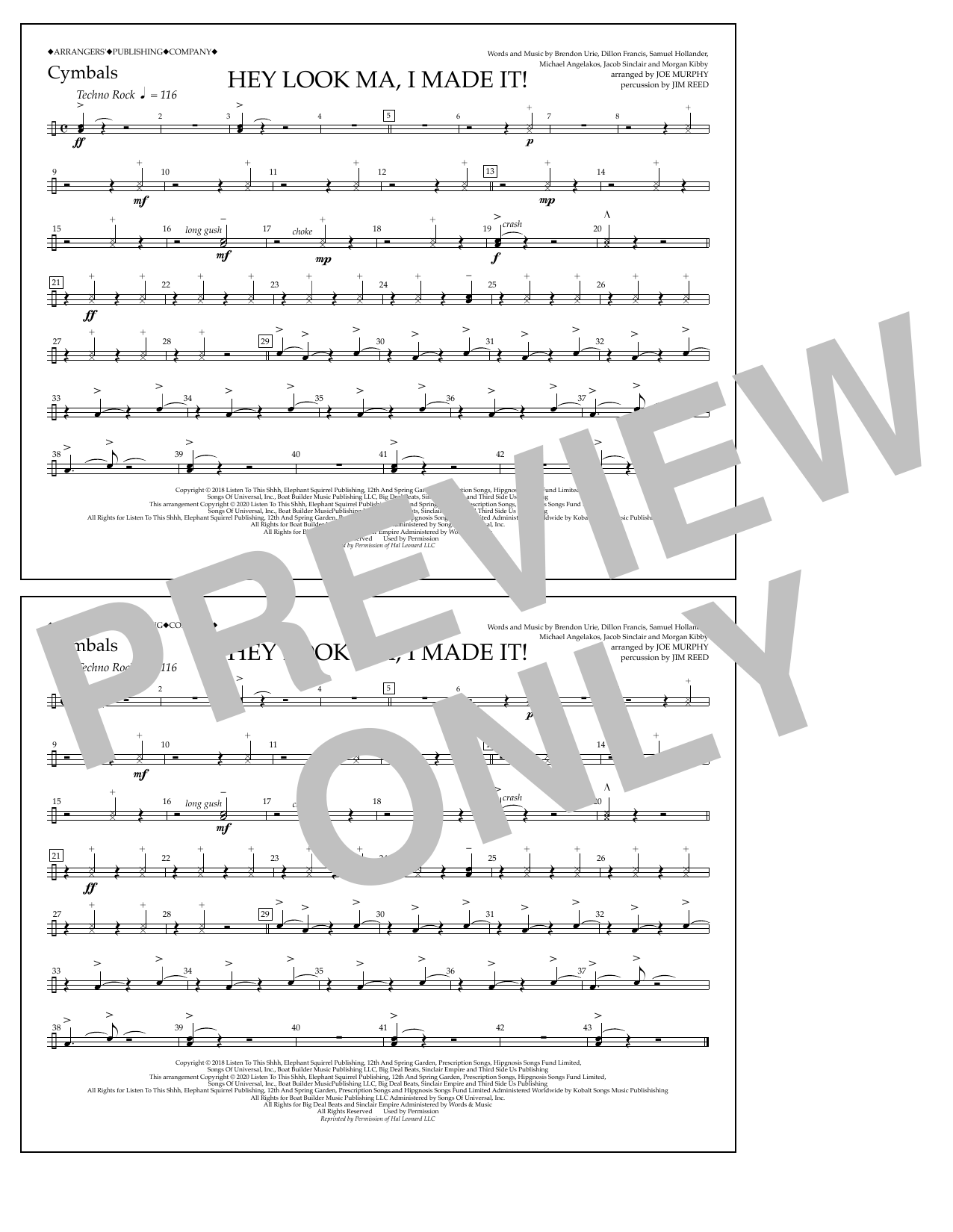 Panic! At The Disco Hey Look Ma, I Made It (arr. Joe Murphy) - Cymbals sheet music notes and chords arranged for Marching Band