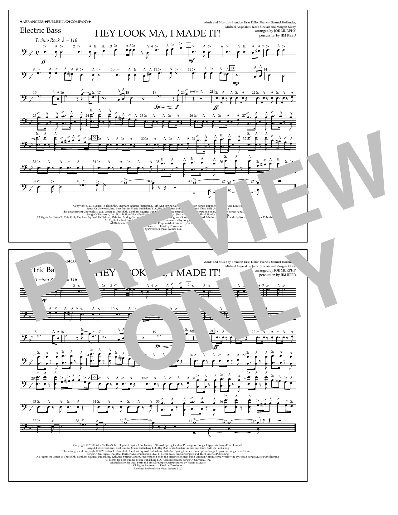 Panic! At The Disco Hey Look Ma, I Made It (arr. Joe Murphy) - Electric Bass sheet music notes and chords arranged for Marching Band