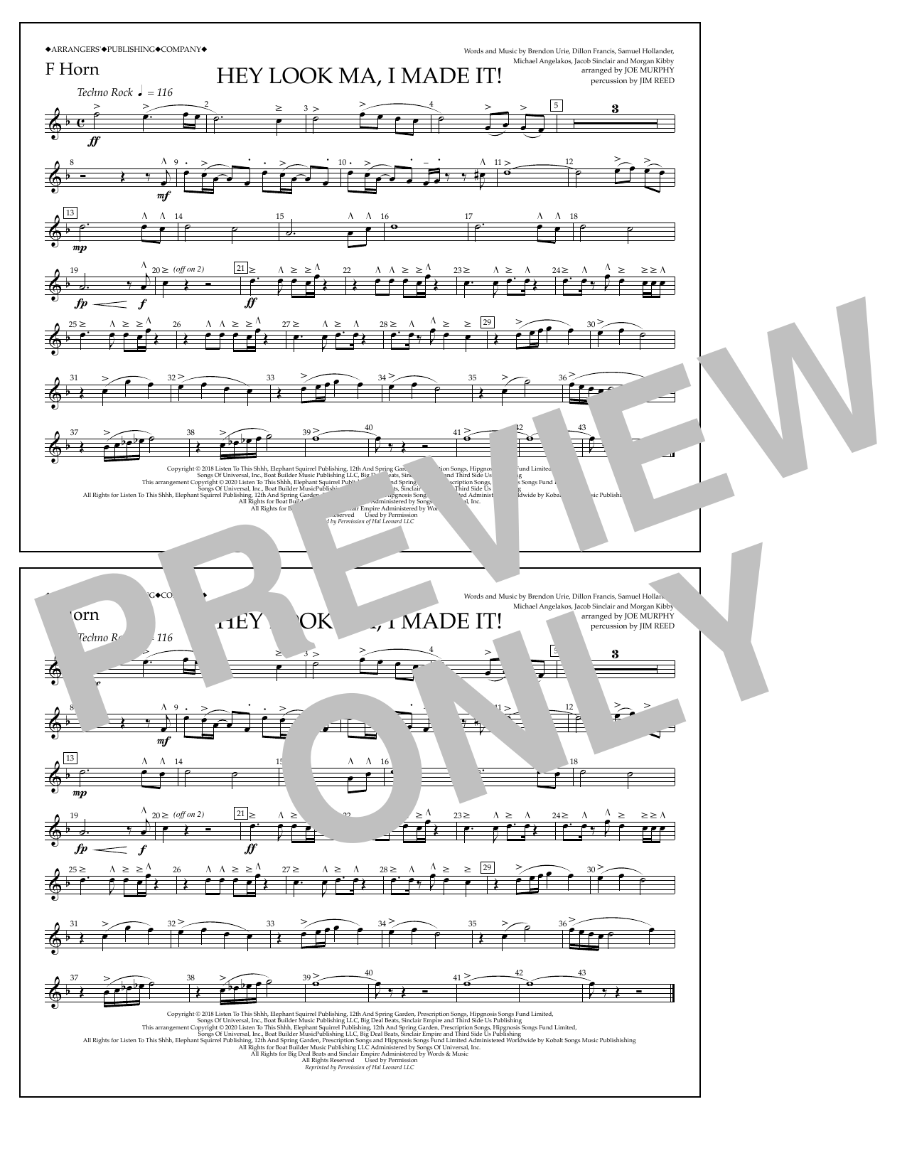 Panic! At The Disco Hey Look Ma, I Made It (arr. Joe Murphy) - F Horn sheet music notes and chords arranged for Marching Band