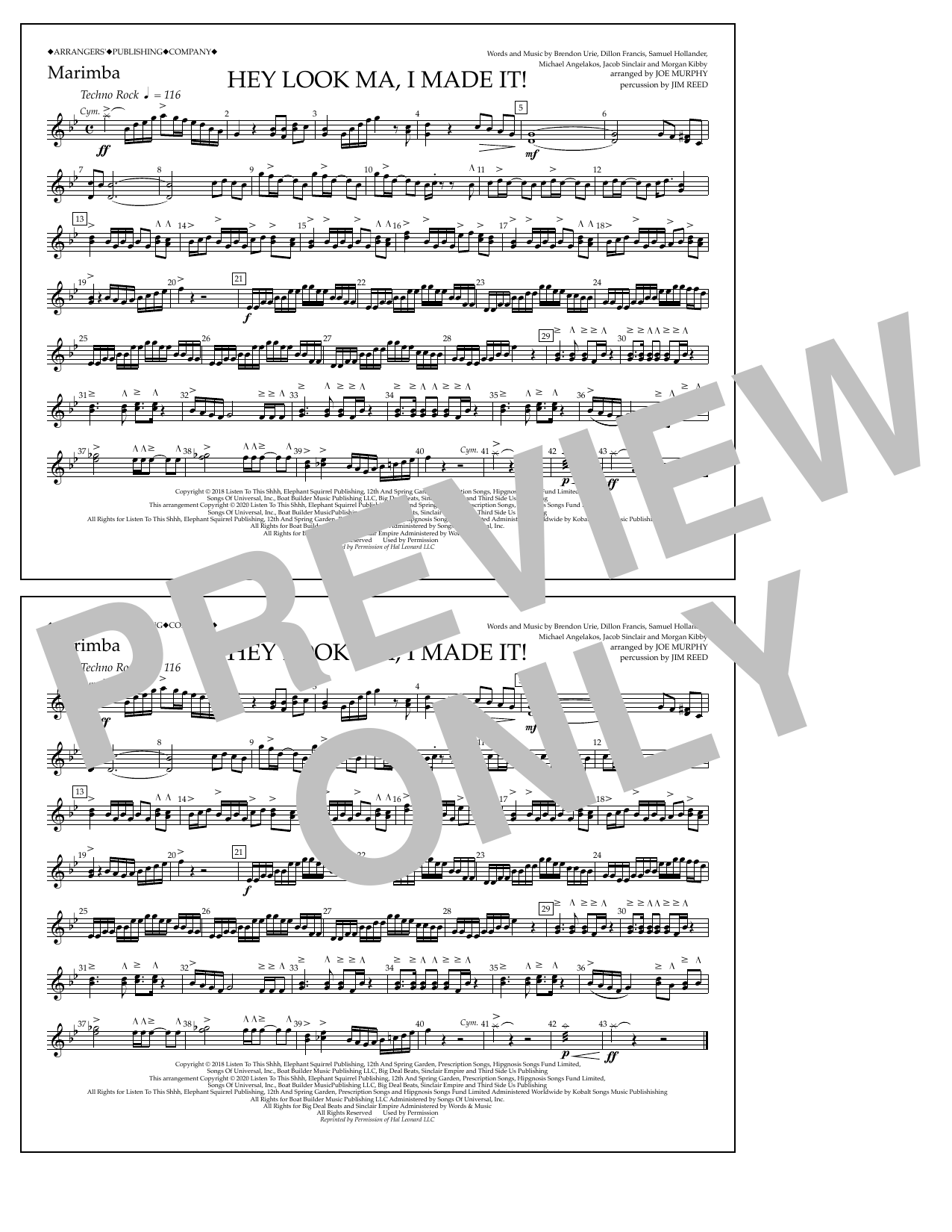 Panic! At The Disco Hey Look Ma, I Made It (arr. Joe Murphy) - Marimba sheet music notes and chords arranged for Marching Band