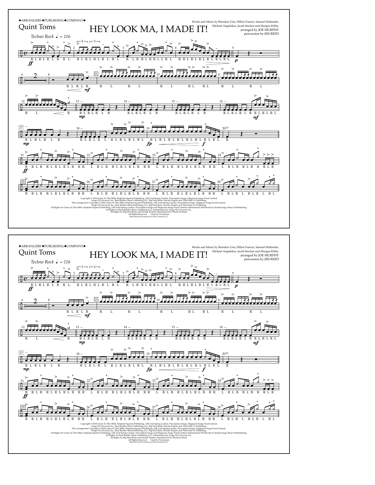 Panic! At The Disco Hey Look Ma, I Made It (arr. Joe Murphy) - Quint-Toms sheet music notes and chords arranged for Marching Band