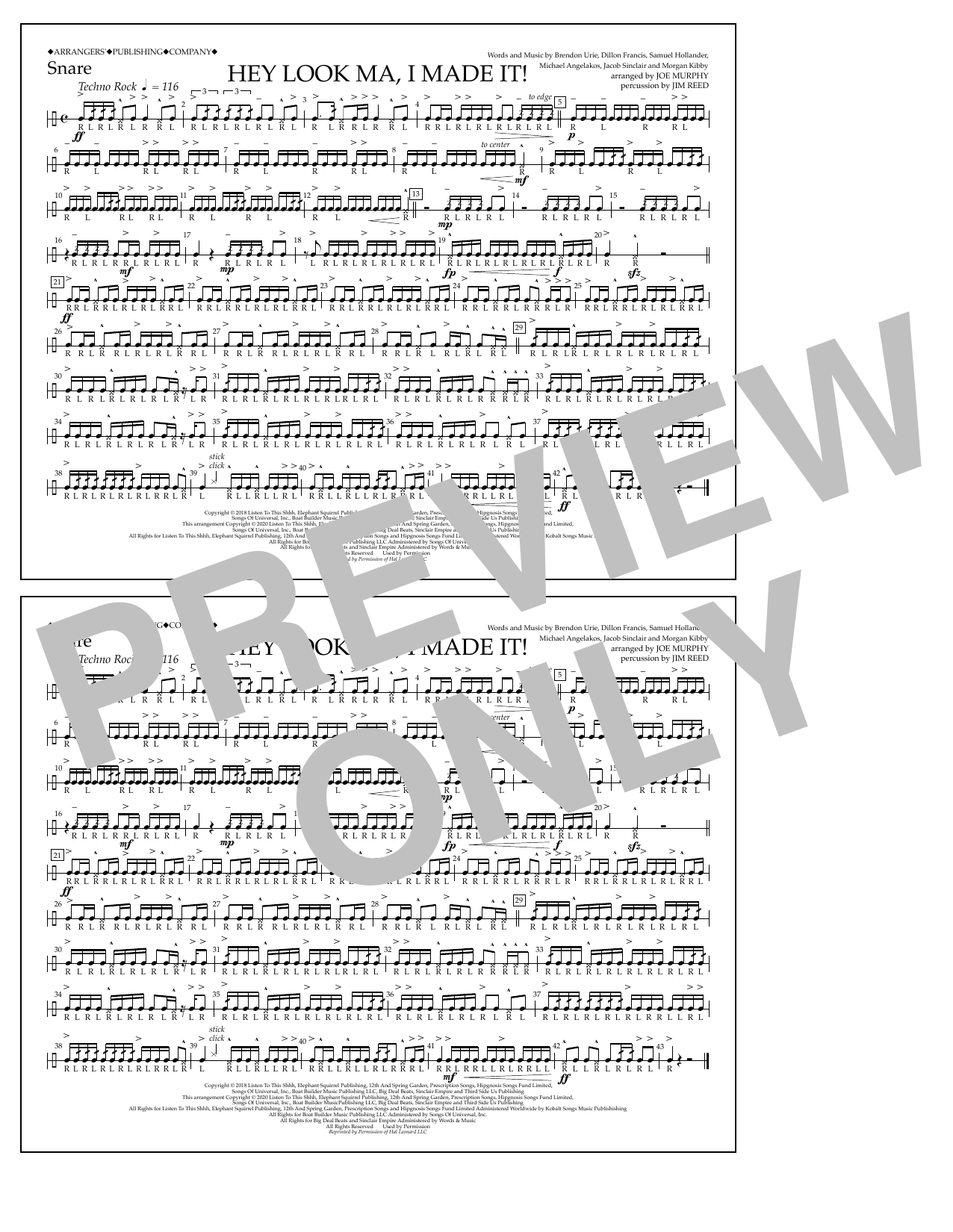 Panic! At The Disco Hey Look Ma, I Made It (arr. Joe Murphy) - Snare sheet music notes and chords arranged for Marching Band