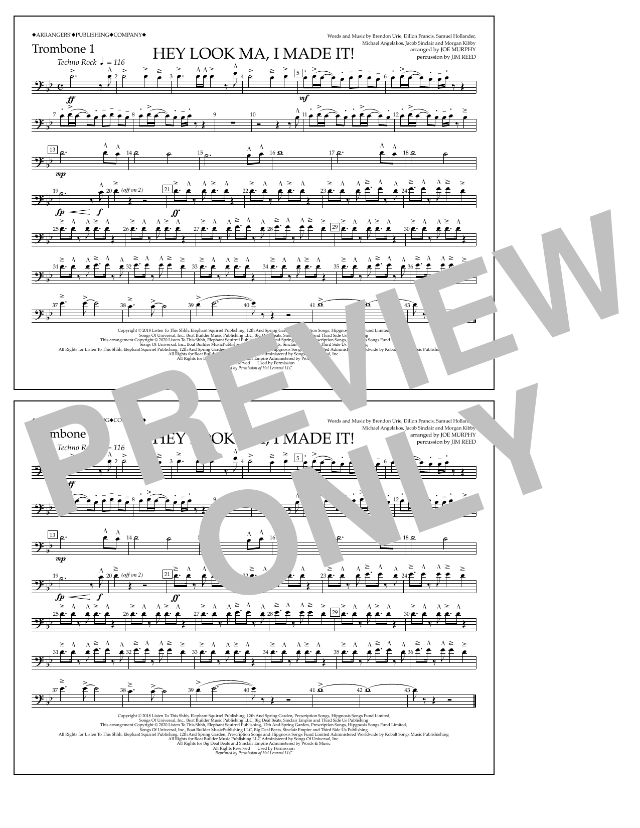 Panic! At The Disco Hey Look Ma, I Made It (arr. Joe Murphy) - Trombone 1 sheet music notes and chords arranged for Marching Band