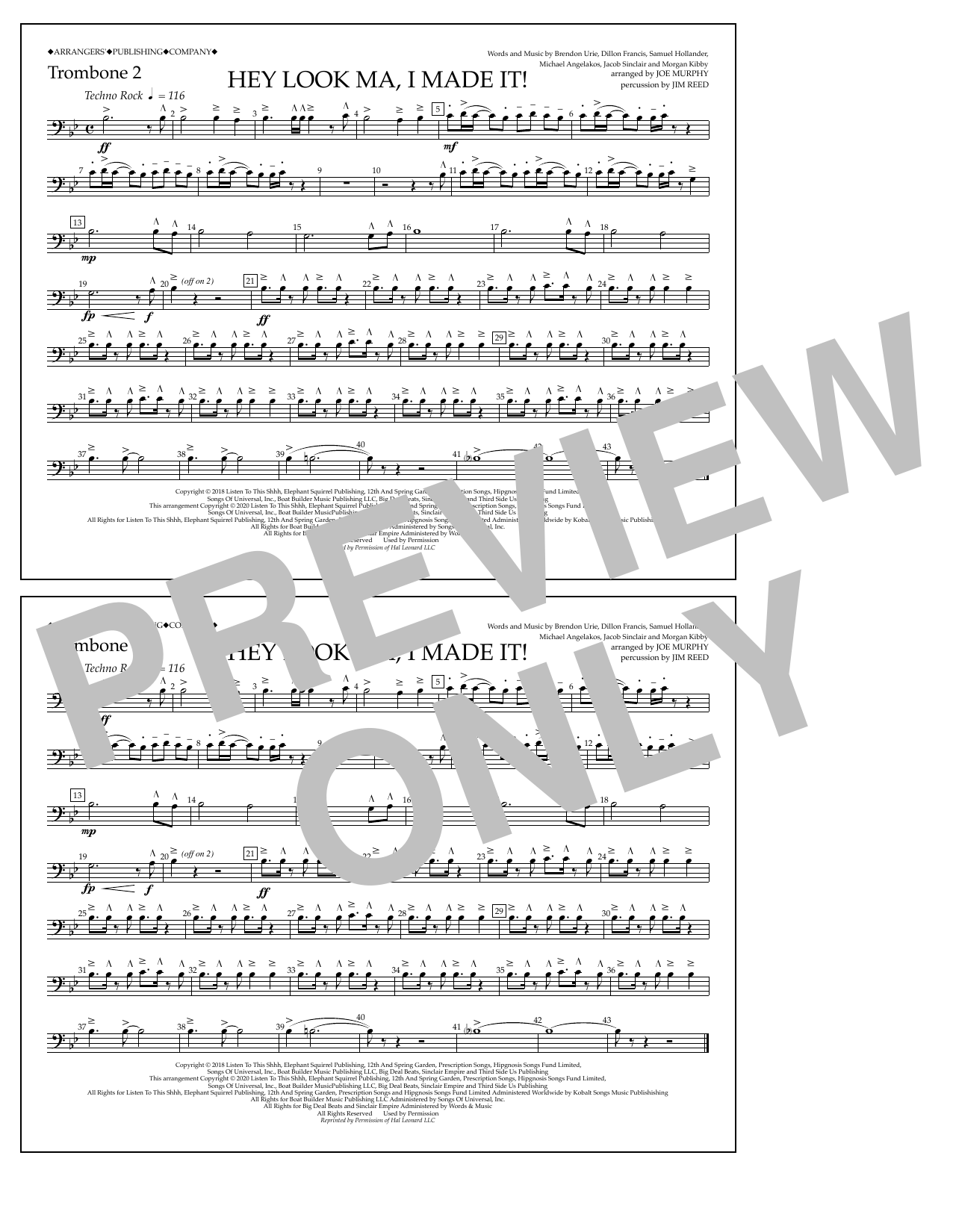 Panic! At The Disco Hey Look Ma, I Made It (arr. Joe Murphy) - Trombone 2 sheet music notes and chords arranged for Marching Band