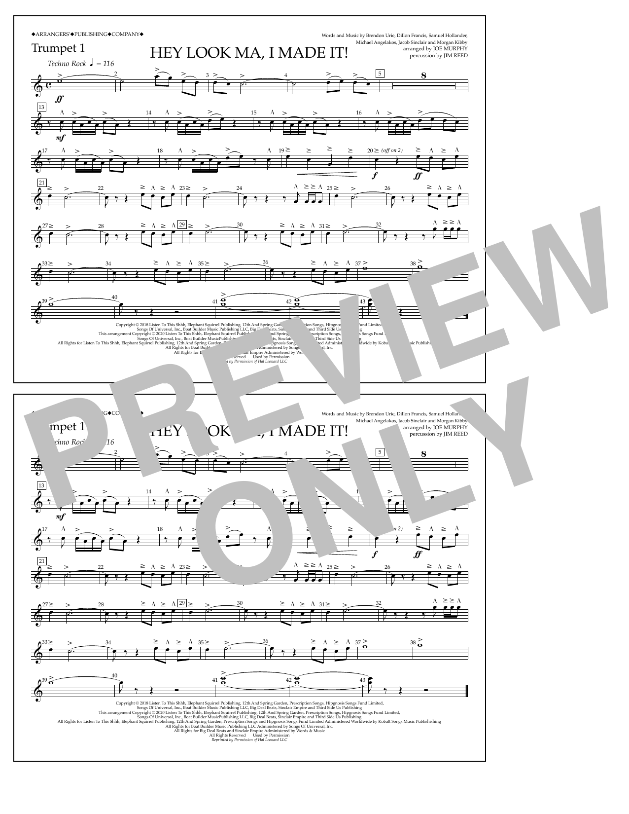 Panic! At The Disco Hey Look Ma, I Made It (arr. Joe Murphy) - Trumpet 1 sheet music notes and chords arranged for Marching Band