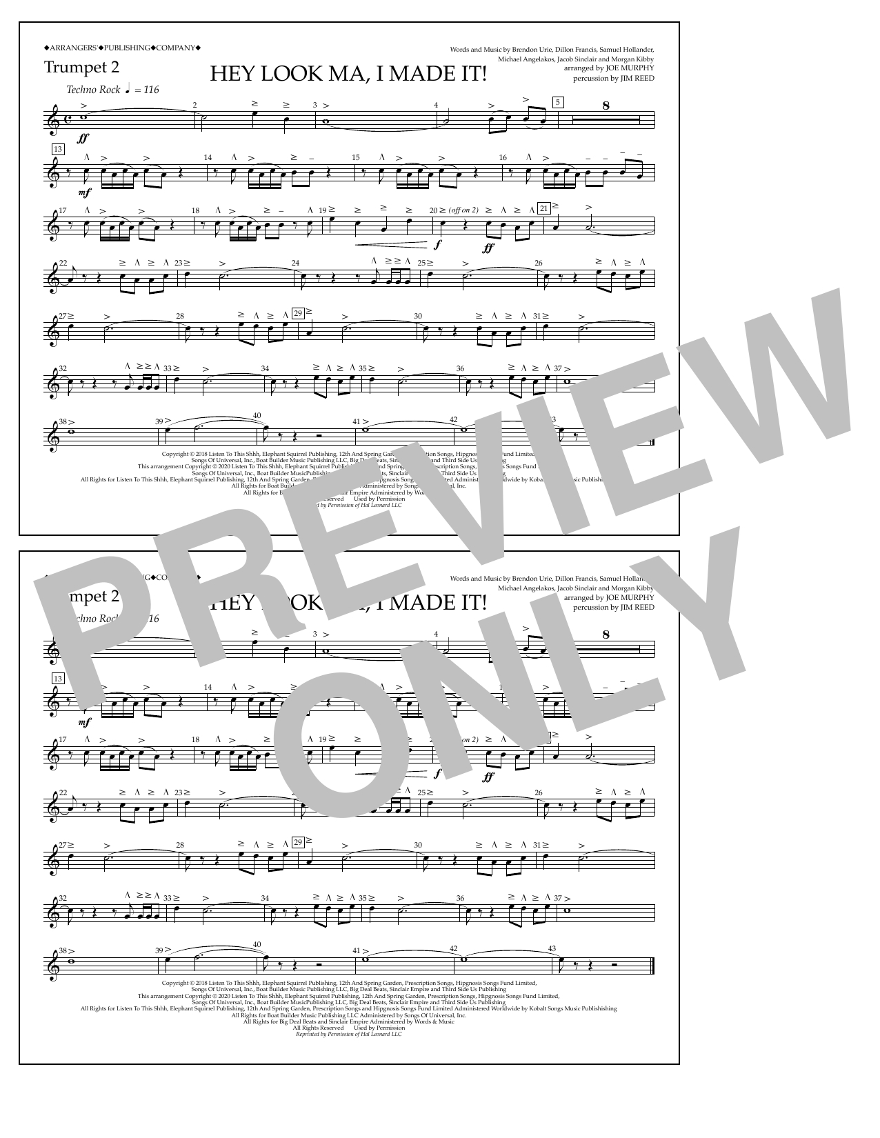 Panic! At The Disco Hey Look Ma, I Made It (arr. Joe Murphy) - Trumpet 2 sheet music notes and chords arranged for Marching Band