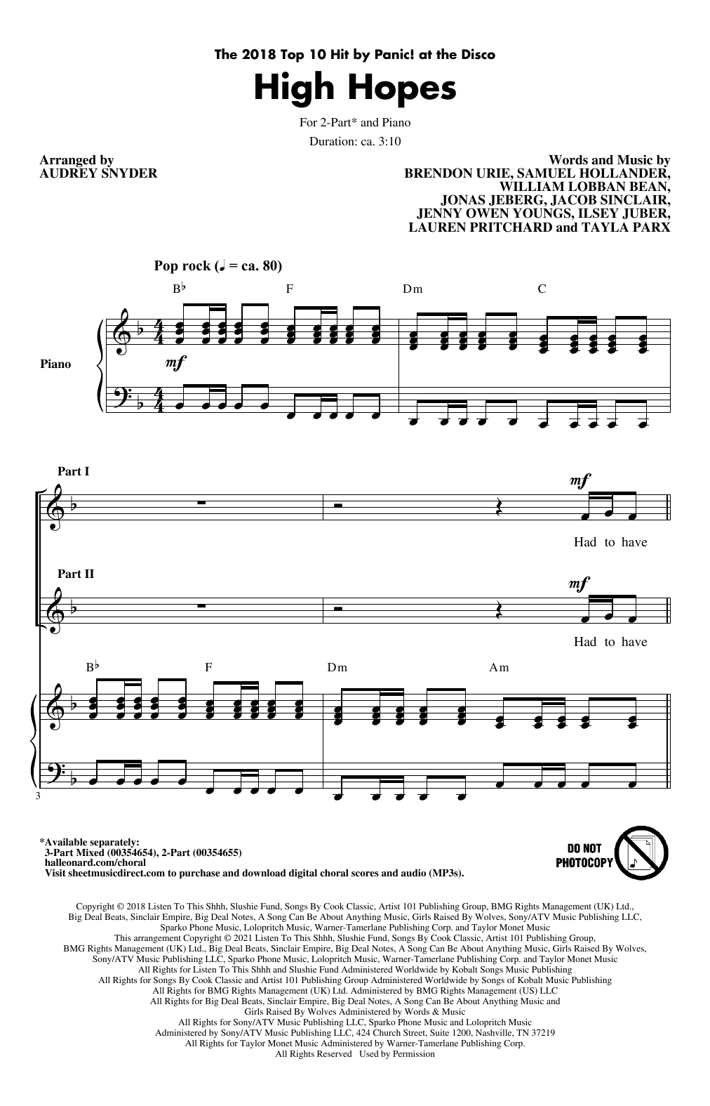 Panic! At The Disco High Hopes (arr. Audrey Snyder) sheet music notes and chords arranged for 2-Part Choir