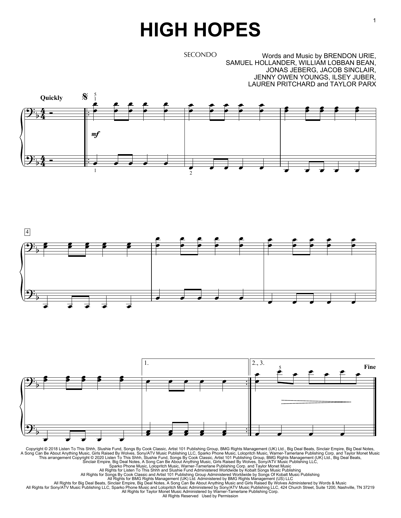 Panic! At The Disco High Hopes (arr. David Pearl) sheet music notes and chords arranged for Piano Duet