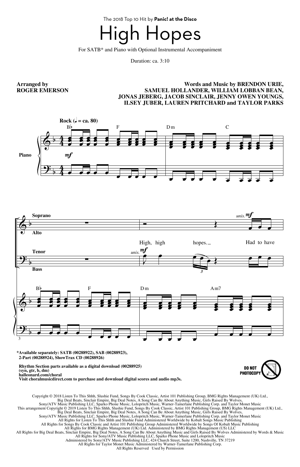 Panic! At The Disco High Hopes (arr. Roger Emerson) sheet music notes and chords arranged for SATB Choir