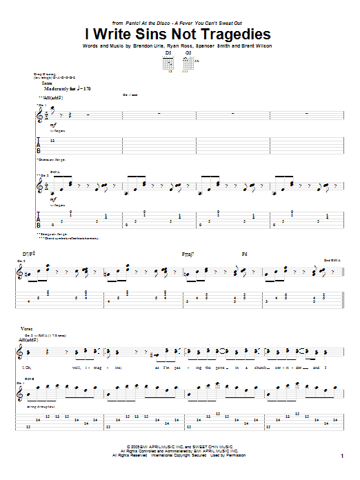Panic! At The Disco I Write Sins Not Tragedies sheet music notes and chords arranged for Guitar Tab