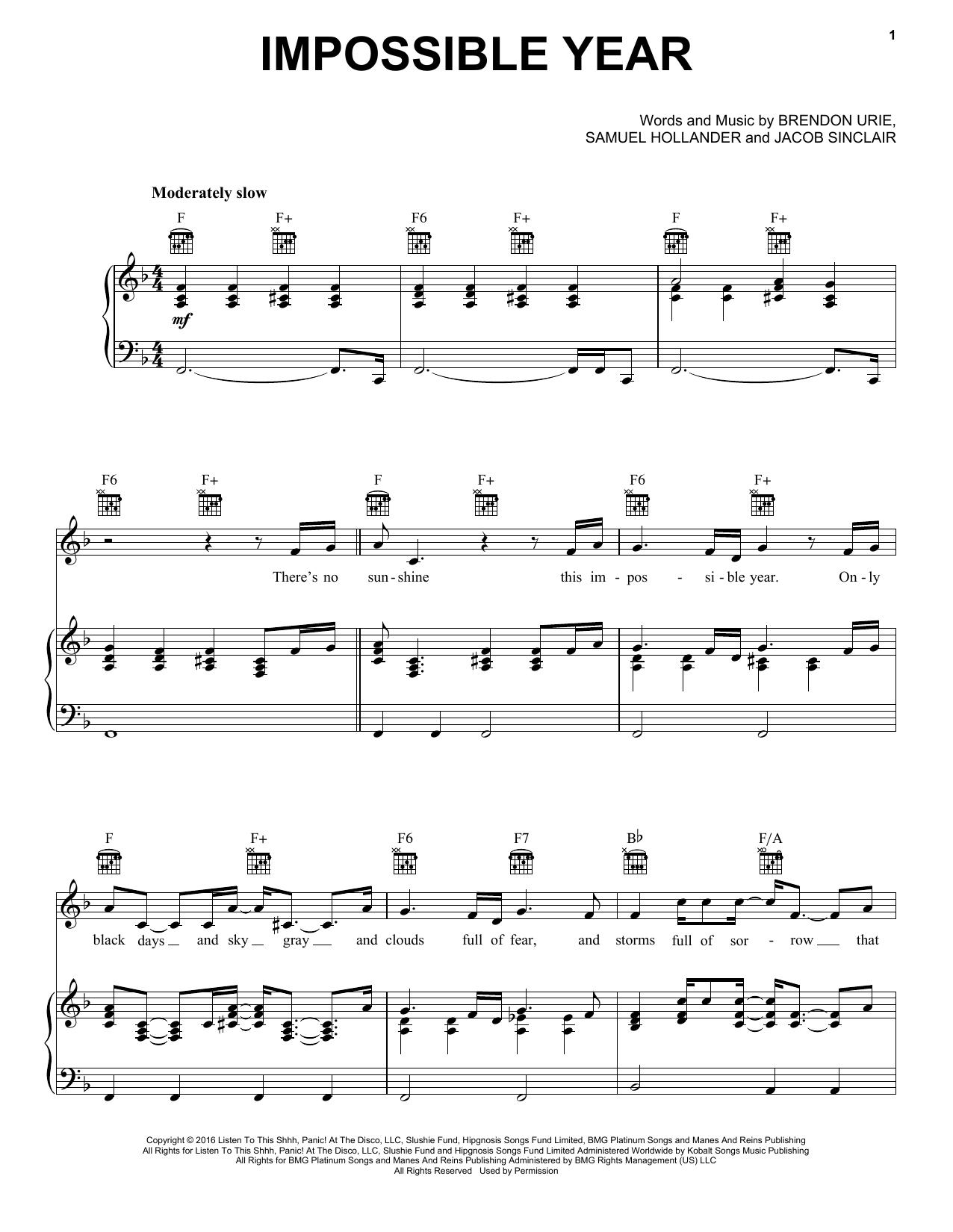 Panic! At The Disco Impossible Year sheet music notes and chords arranged for Piano, Vocal & Guitar Chords (Right-Hand Melody)